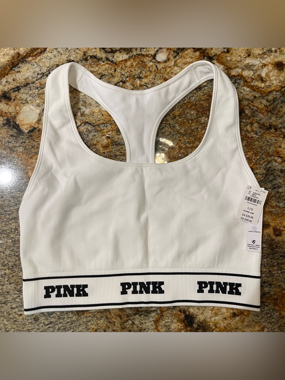 PINK Victoria's Secret White Racerback Sports Bra with Logo Band